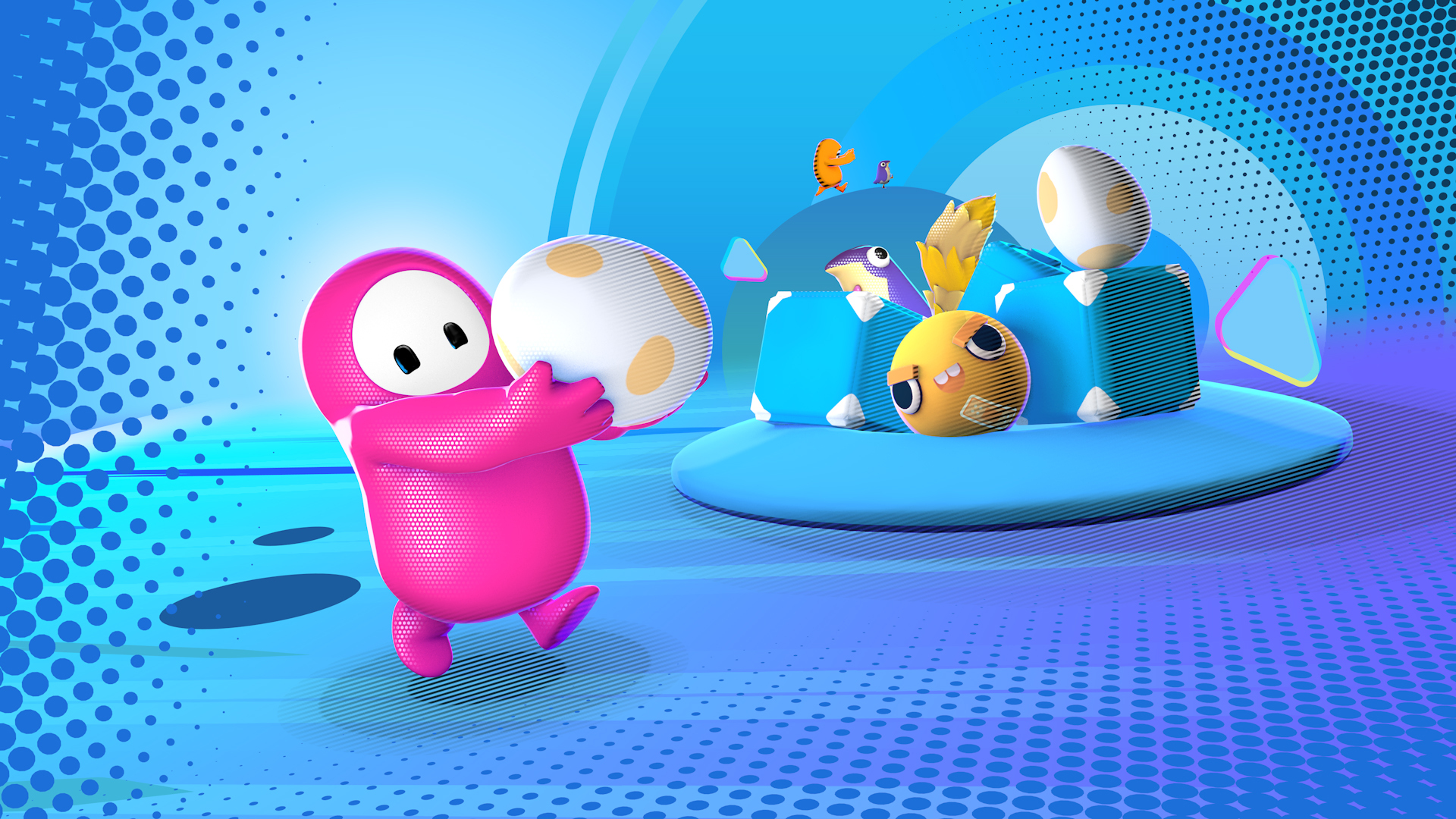 Pink Fall Guys character carrying spotted egg