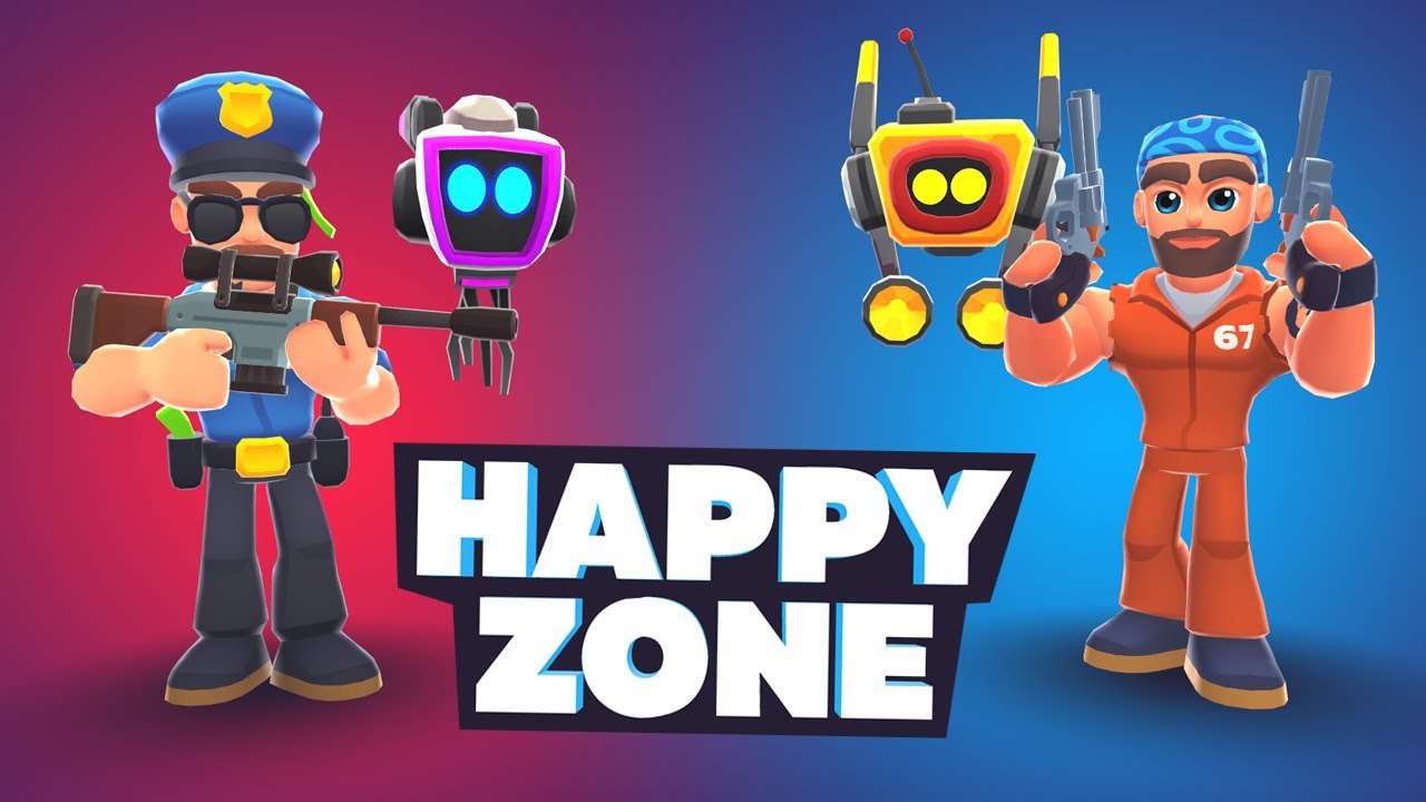 Cartoon police and prisoner with robots, Happy Zone logo