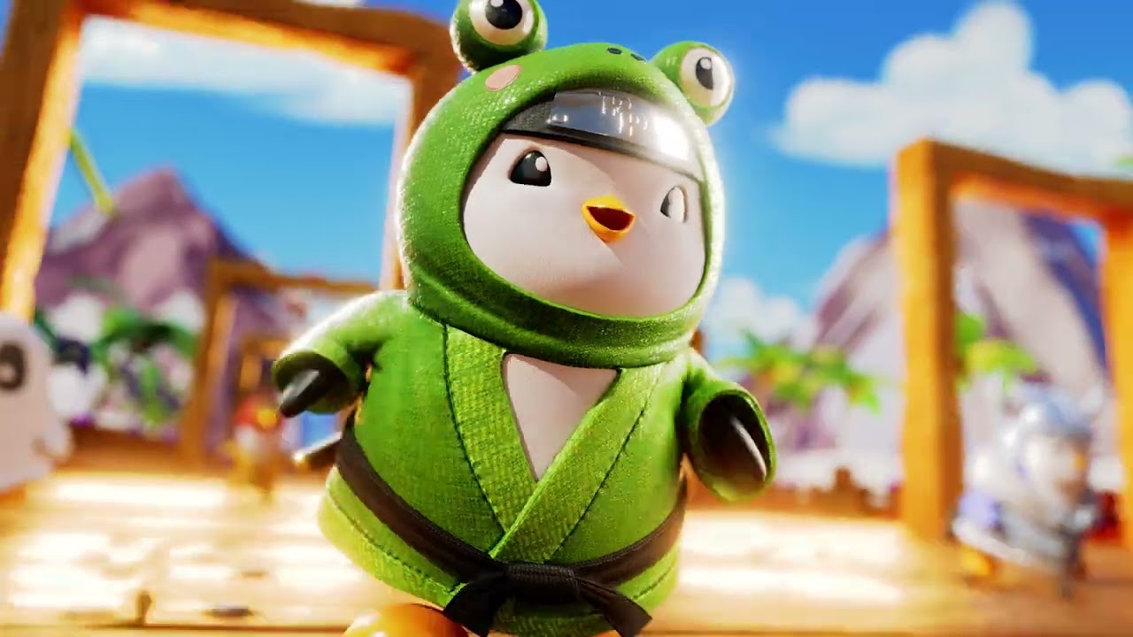 Cute penguin in green frog ninja costume