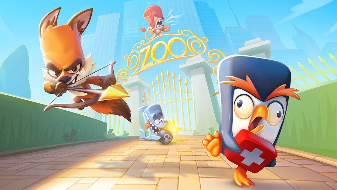Cartoon fox chases penguin near zoo entrance
