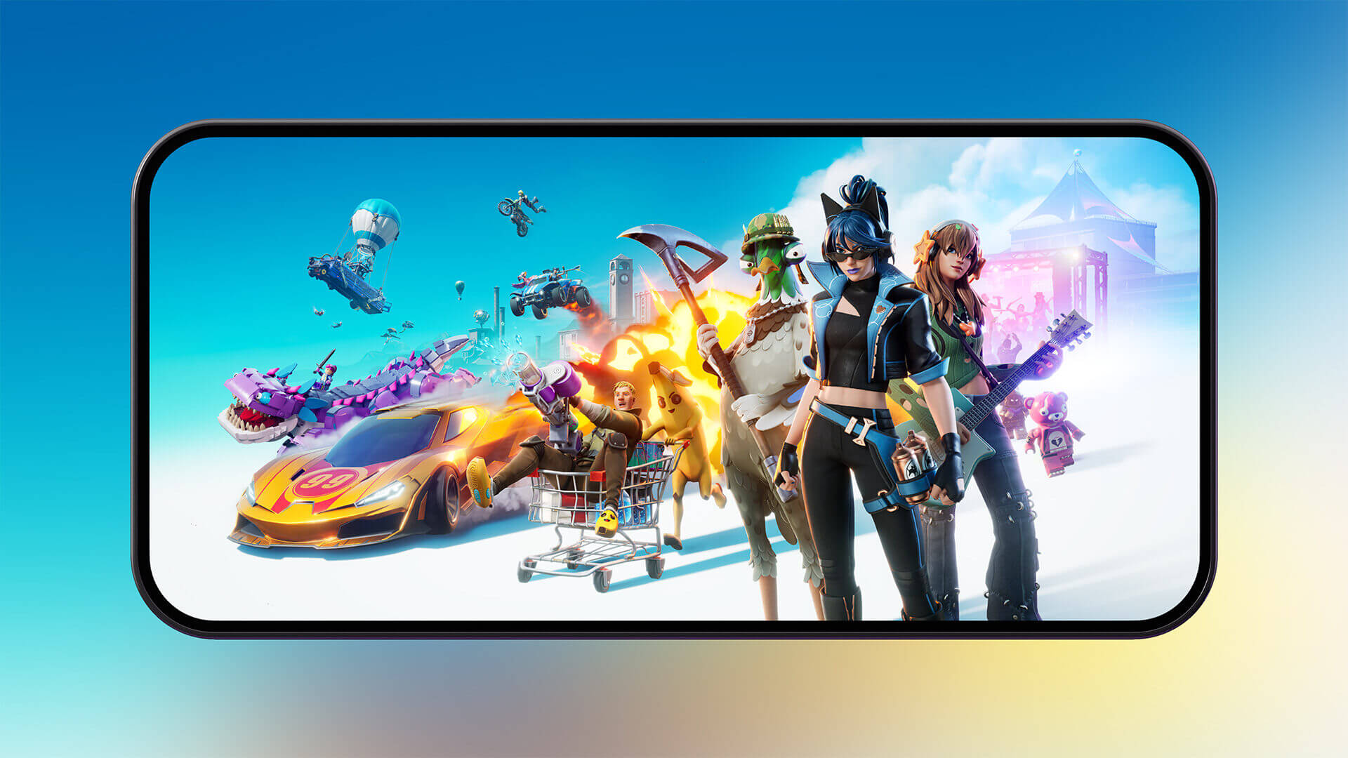 Smartphone displaying Fortnite characters and colorful action montage