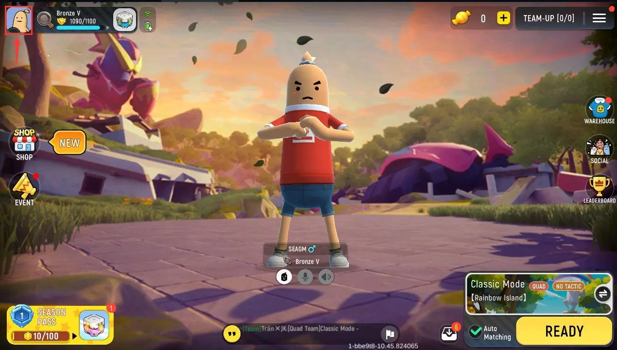 Cartoon character stands in game lobby menu screen