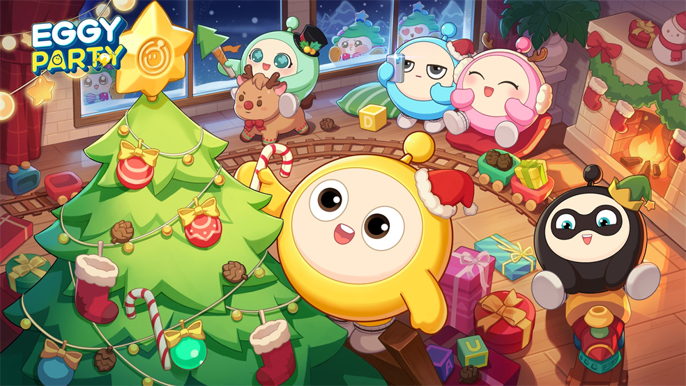Eggy Party characters celebrating Christmas indoors