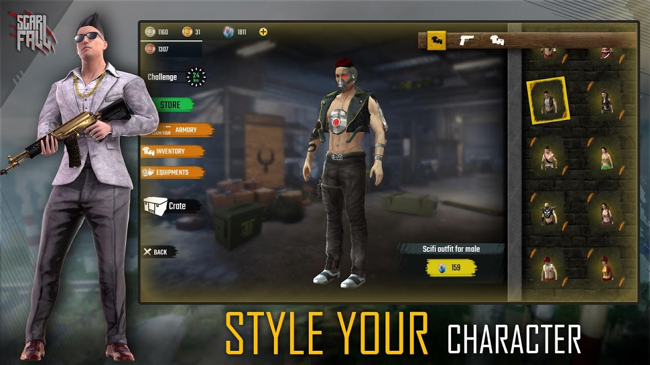 Scar Fall character customization screen with outfits