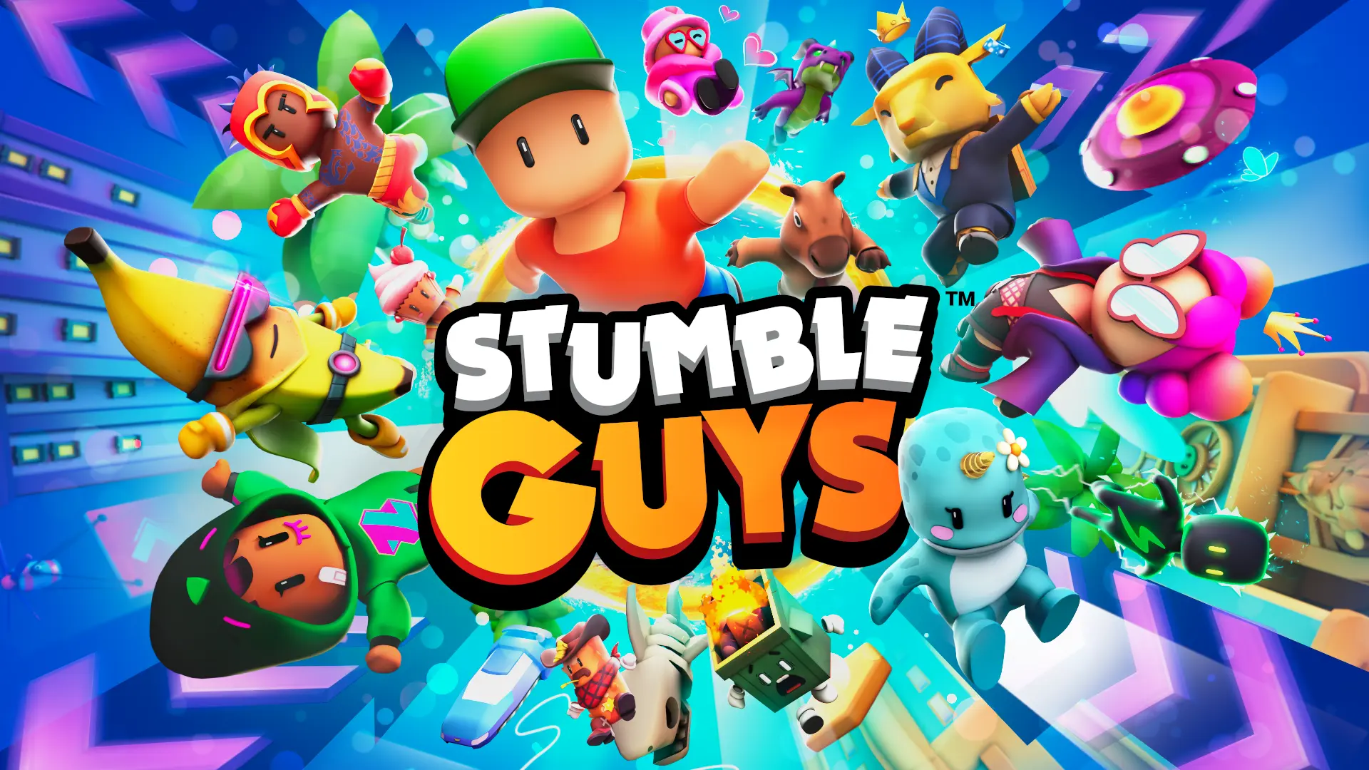 Colorful Stumble Guys characters jumping around logo