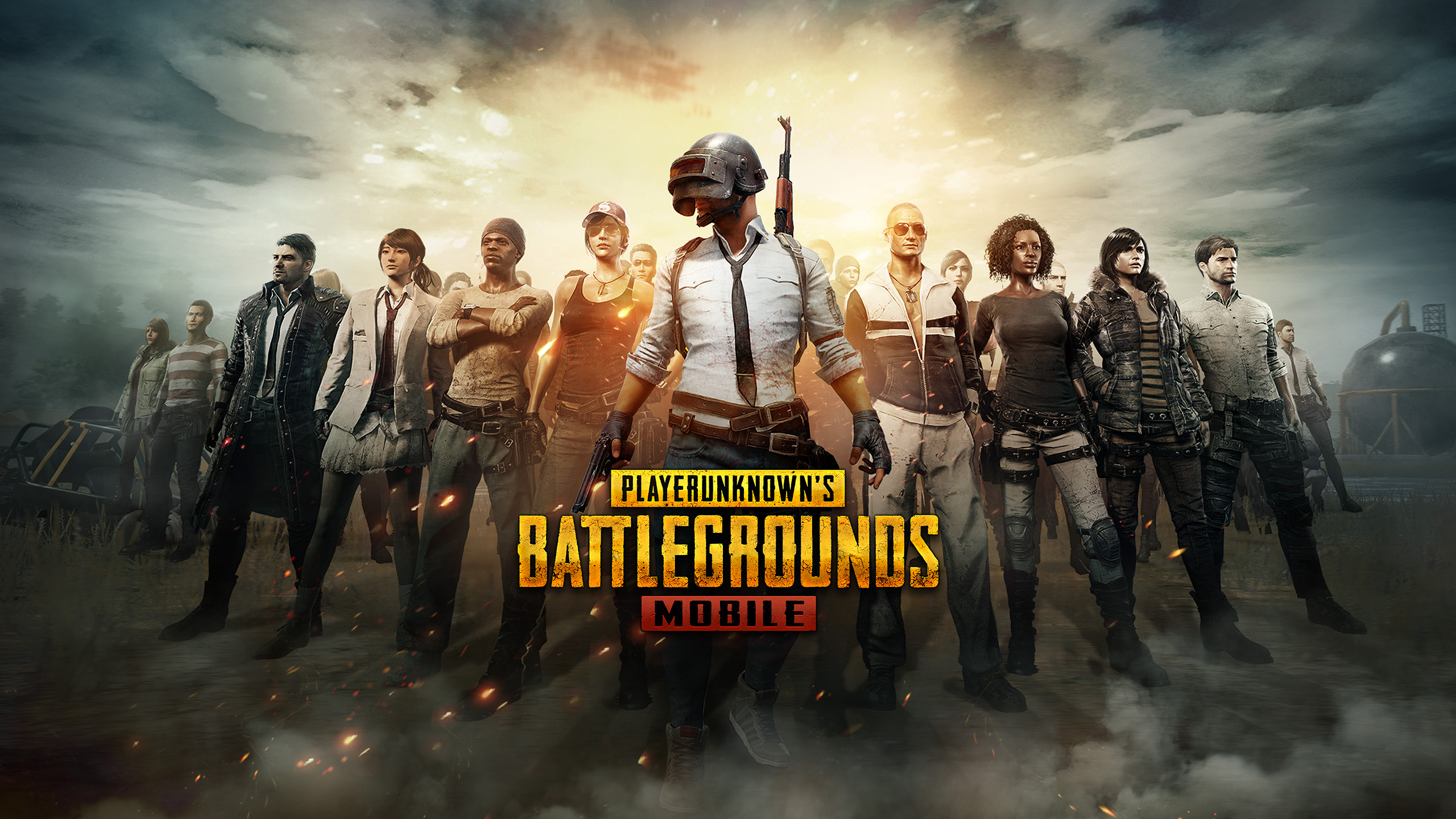 PUBG Mobile characters lineup with logo in center