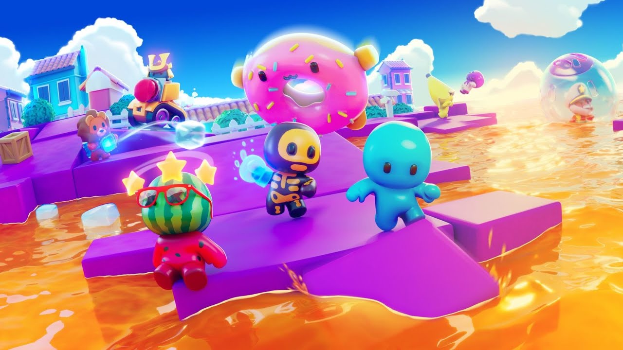 Colorful cartoon characters running across lava platforms