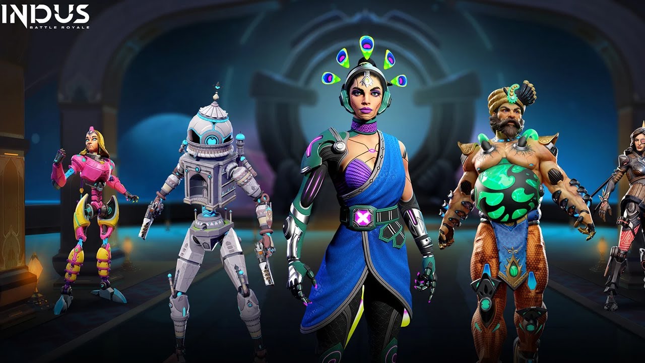 Indus Battle Royale characters lineup in futuristic lobby
