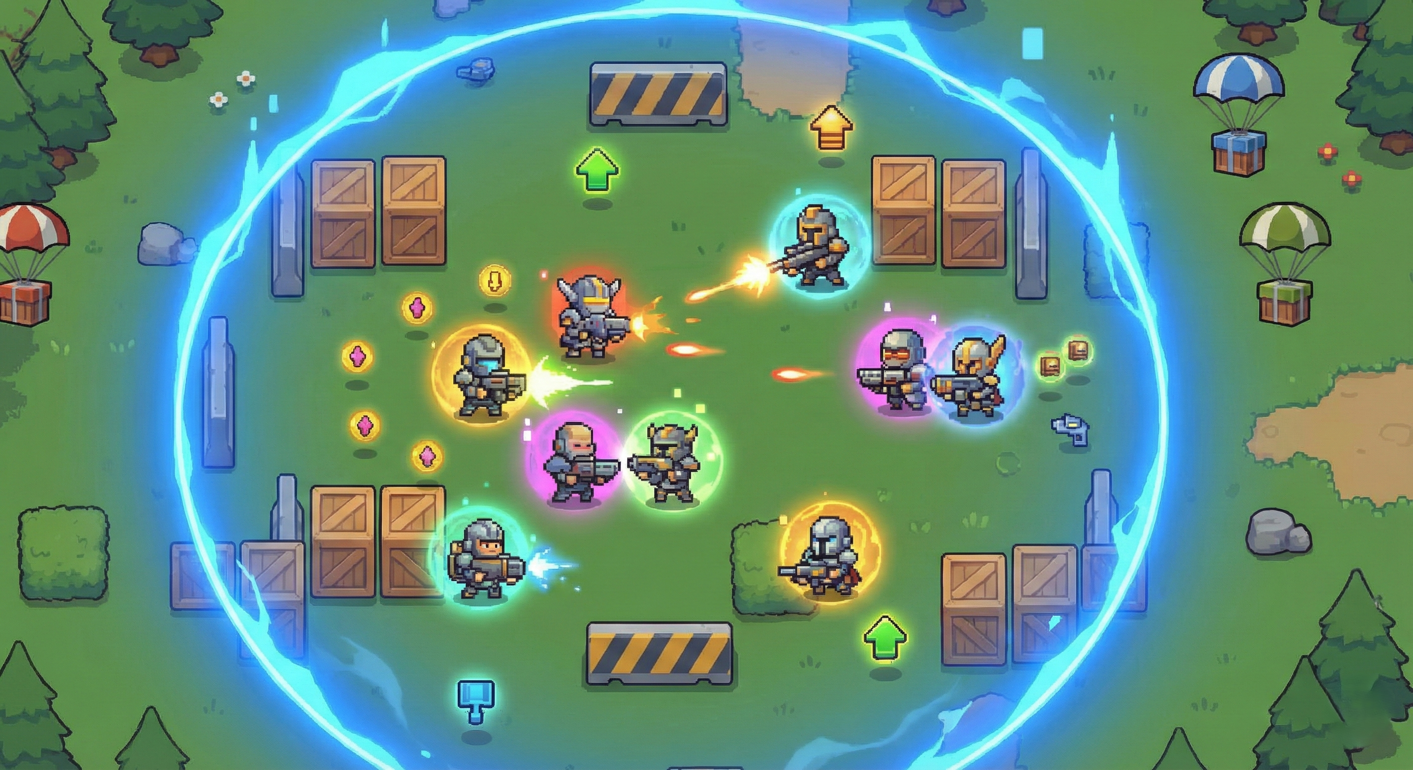 Top-down shooter battle inside glowing shrinking circle zone