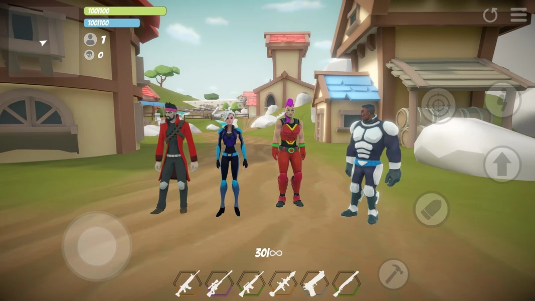 Four stylized heroes in mobile shooter village